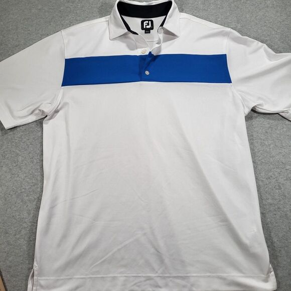 FootJoy Mens Large White Blue Smooth Pique Pieced Stripe Polo course logo sleeve - Picture 5 of 9